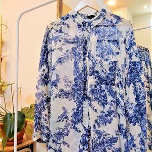 Blue China Print Button Up Blouse